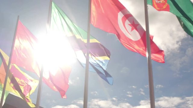 various world flags flying on flagpoles