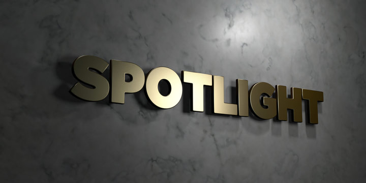 Spotlight - Gold text on black background - 3D rendered royalty free stock picture. This image can be used for an online website banner ad or a print postcard.