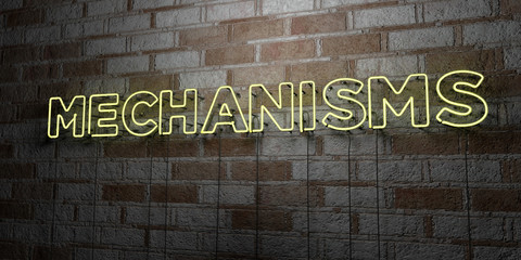 MECHANISMS - Glowing Neon Sign on stonework wall - 3D rendered royalty free stock illustration.  Can be used for online banner ads and direct mailers..