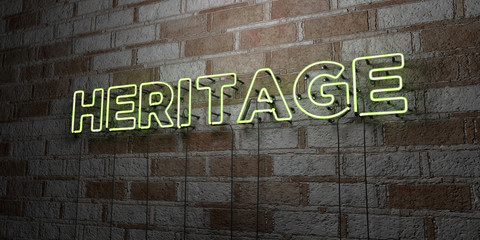 HERITAGE - Glowing Neon Sign on stonework wall - 3D rendered royalty free stock illustration.  Can be used for online banner ads and direct mailers..