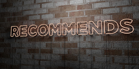 RECOMMENDS - Glowing Neon Sign on stonework wall - 3D rendered royalty free stock illustration.  Can be used for online banner ads and direct mailers..