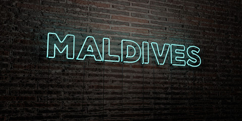 MALDIVES -Realistic Neon Sign on Brick Wall background - 3D rendered royalty free stock image. Can be used for online banner ads and direct mailers..