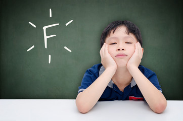 Unhappy asian student boy with F on blackboard