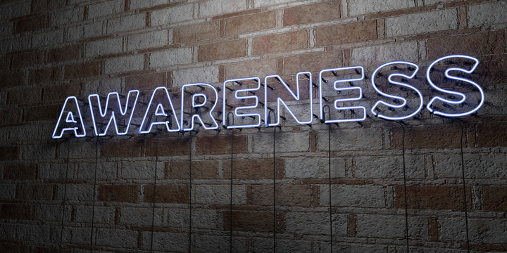 AWARENESS - Glowing Neon Sign on stonework wall - 3D rendered royalty free stock illustration.  Can be used for online banner ads and direct mailers..