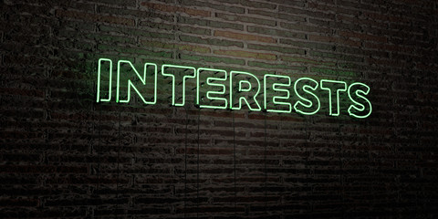 INTERESTS -Realistic Neon Sign on Brick Wall background - 3D rendered royalty free stock image. Can be used for online banner ads and direct mailers..