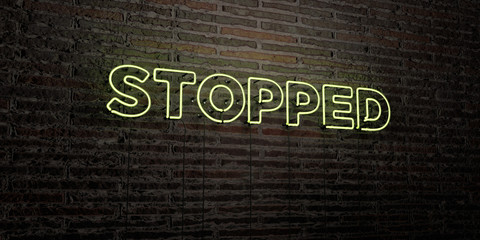 STOPPED -Realistic Neon Sign on Brick Wall background - 3D rendered royalty free stock image. Can be used for online banner ads and direct mailers..