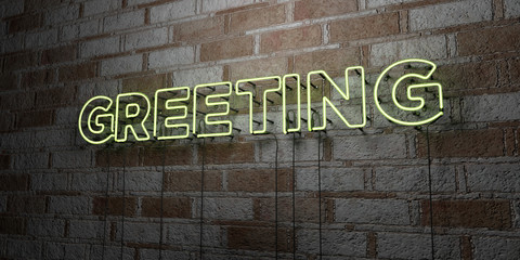 GREETING - Glowing Neon Sign on stonework wall - 3D rendered royalty free stock illustration.  Can be used for online banner ads and direct mailers..