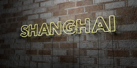 SHANGHAI - Glowing Neon Sign on stonework wall - 3D rendered royalty free stock illustration.  Can be used for online banner ads and direct mailers..