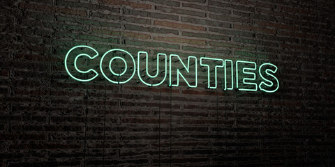 COUNTIES -Realistic Neon Sign on Brick Wall background - 3D rendered royalty free stock image. Can be used for online banner ads and direct mailers..