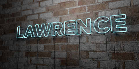 LAWRENCE - Glowing Neon Sign on stonework wall - 3D rendered royalty free stock illustration.  Can be used for online banner ads and direct mailers..