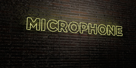 MICROPHONE -Realistic Neon Sign on Brick Wall background - 3D rendered royalty free stock image. Can be used for online banner ads and direct mailers..