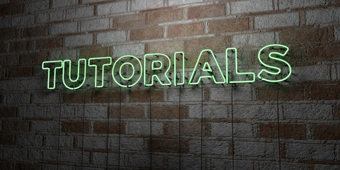 TUTORIALS - Glowing Neon Sign on stonework wall - 3D rendered royalty free stock illustration.  Can be used for online banner ads and direct mailers..