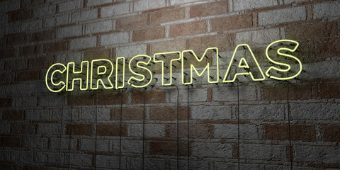 CHRISTMAS - Glowing Neon Sign on stonework wall - 3D rendered royalty free stock illustration.  Can be used for online banner ads and direct mailers..