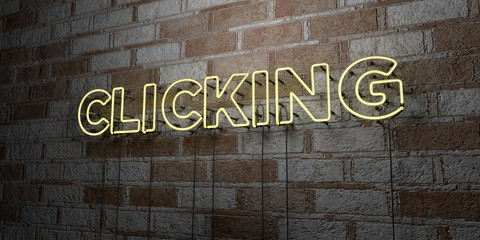 CLICKING - Glowing Neon Sign on stonework wall - 3D rendered royalty free stock illustration.  Can be used for online banner ads and direct mailers..