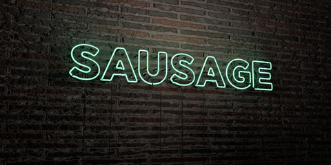 SAUSAGE -Realistic Neon Sign on Brick Wall background - 3D rendered royalty free stock image. Can be used for online banner ads and direct mailers..