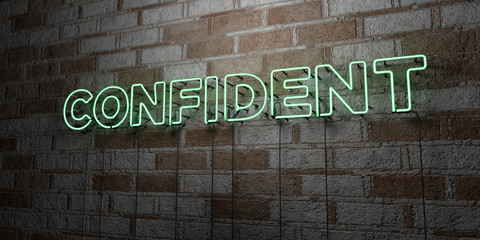 CONFIDENT - Glowing Neon Sign on stonework wall - 3D rendered royalty free stock illustration.  Can be used for online banner ads and direct mailers..