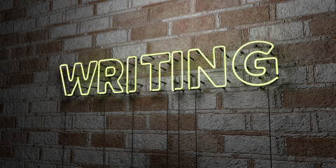 WRITING - Glowing Neon Sign on stonework wall - 3D rendered royalty free stock illustration.  Can be used for online banner ads and direct mailers..
