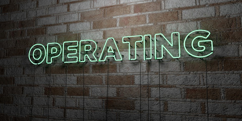 OPERATING - Glowing Neon Sign on stonework wall - 3D rendered royalty free stock illustration.  Can be used for online banner ads and direct mailers..