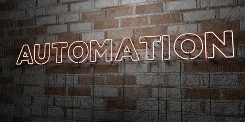 AUTOMATION - Glowing Neon Sign on stonework wall - 3D rendered royalty free stock illustration.  Can be used for online banner ads and direct mailers..