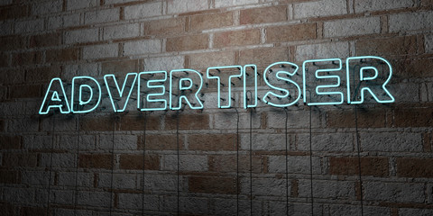 ADVERTISER - Glowing Neon Sign on stonework wall - 3D rendered royalty free stock illustration.  Can be used for online banner ads and direct mailers..