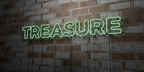 TREASURE - Glowing Neon Sign on stonework wall - 3D rendered royalty free stock illustration.  Can be used for online banner ads and direct mailers..