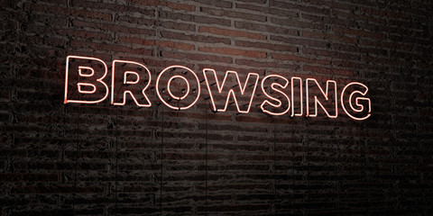 BROWSING -Realistic Neon Sign on Brick Wall background - 3D rendered royalty free stock image. Can be used for online banner ads and direct mailers..