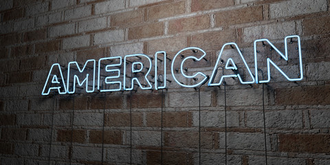 AMERICAN - Glowing Neon Sign on stonework wall - 3D rendered royalty free stock illustration.  Can be used for online banner ads and direct mailers..