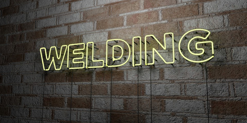 WELDING - Glowing Neon Sign on stonework wall - 3D rendered royalty free stock illustration.  Can be used for online banner ads and direct mailers..