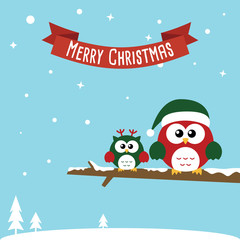 Cute Christmas Owls wearing Santa Claus hat standing on the branch. Flat design Vector illustration for Merry Christmas and Happy New Year invitation card on sky blue background.