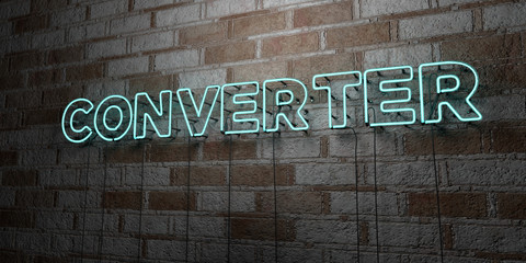 Naklejka premium CONVERTER - Glowing Neon Sign on stonework wall - 3D rendered royalty free stock illustration. Can be used for online banner ads and direct mailers..