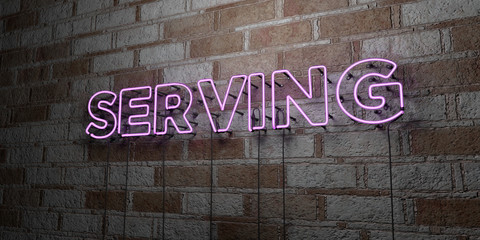 SERVING - Glowing Neon Sign on stonework wall - 3D rendered royalty free stock illustration.  Can be used for online banner ads and direct mailers..
