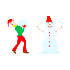 Teenager in santa hat and mittens playing with a snowman in a cartoon style isolated on white background