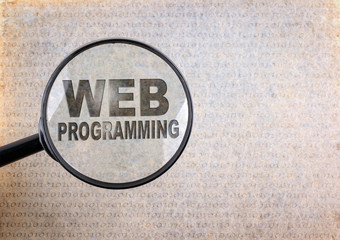 Web Programming. Magnifying optical glass on old paper background. 
