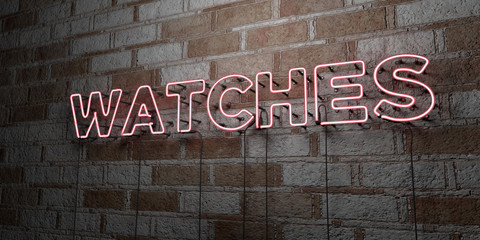 WATCHES - Glowing Neon Sign on stonework wall - 3D rendered royalty free stock illustration.  Can be used for online banner ads and direct mailers..