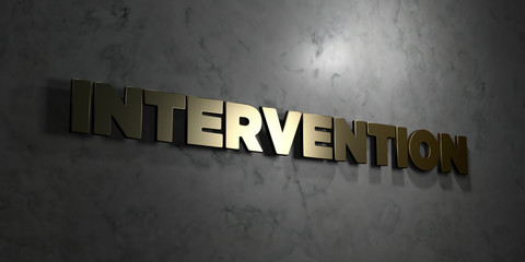 Intervention - Gold text on black background - 3D rendered royalty free stock picture. This image can be used for an online website banner ad or a print postcard.