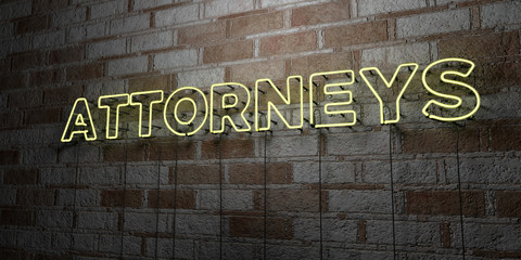 ATTORNEYS - Glowing Neon Sign on stonework wall - 3D rendered royalty free stock illustration.  Can be used for online banner ads and direct mailers..