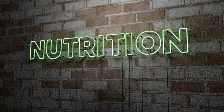 NUTRITION - Glowing Neon Sign on stonework wall - 3D rendered royalty free stock illustration.  Can be used for online banner ads and direct mailers..