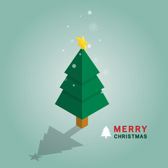 Fototapeta premium Merry Christmas tree isometric on blue background. Snow flake falling.