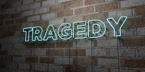 TRAGEDY - Glowing Neon Sign on stonework wall - 3D rendered royalty free stock illustration.  Can be used for online banner ads and direct mailers..