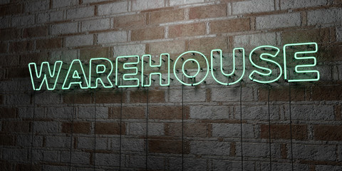 WAREHOUSE - Glowing Neon Sign on stonework wall - 3D rendered royalty free stock illustration.  Can be used for online banner ads and direct mailers..
