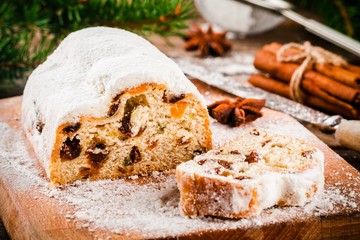 Traditional christmas stollen fruit cake