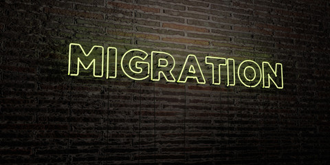 MIGRATION -Realistic Neon Sign on Brick Wall background - 3D rendered royalty free stock image. Can be used for online banner ads and direct mailers..