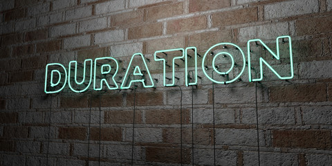 DURATION - Glowing Neon Sign on stonework wall - 3D rendered royalty free stock illustration.  Can be used for online banner ads and direct mailers..