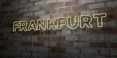 FRANKFURT - Glowing Neon Sign on stonework wall - 3D rendered royalty free stock illustration.  Can be used for online banner ads and direct mailers..