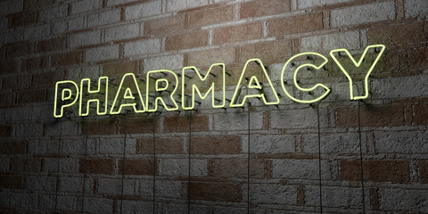 PHARMACY - Glowing Neon Sign on stonework wall - 3D rendered royalty free stock illustration.  Can be used for online banner ads and direct mailers..