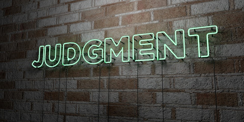 JUDGMENT - Glowing Neon Sign on stonework wall - 3D rendered royalty free stock illustration.  Can be used for online banner ads and direct mailers..