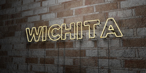 Fototapeta premium WICHITA - Glowing Neon Sign on stonework wall - 3D rendered royalty free stock illustration. Can be used for online banner ads and direct mailers..