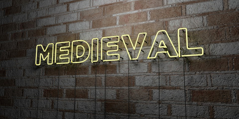 MEDIEVAL - Glowing Neon Sign on stonework wall - 3D rendered royalty free stock illustration.  Can be used for online banner ads and direct mailers..