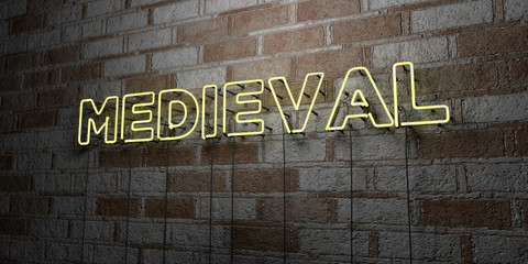 Fototapeta premium MEDIEVAL - Glowing Neon Sign on stonework wall - 3D rendered royalty free stock illustration. Can be used for online banner ads and direct mailers..