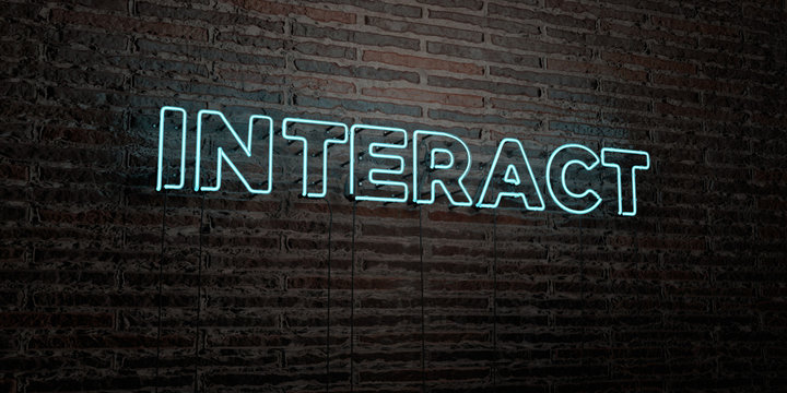 INTERACT -Realistic Neon Sign on Brick Wall background - 3D rendered royalty free stock image. Can be used for online banner ads and direct mailers..